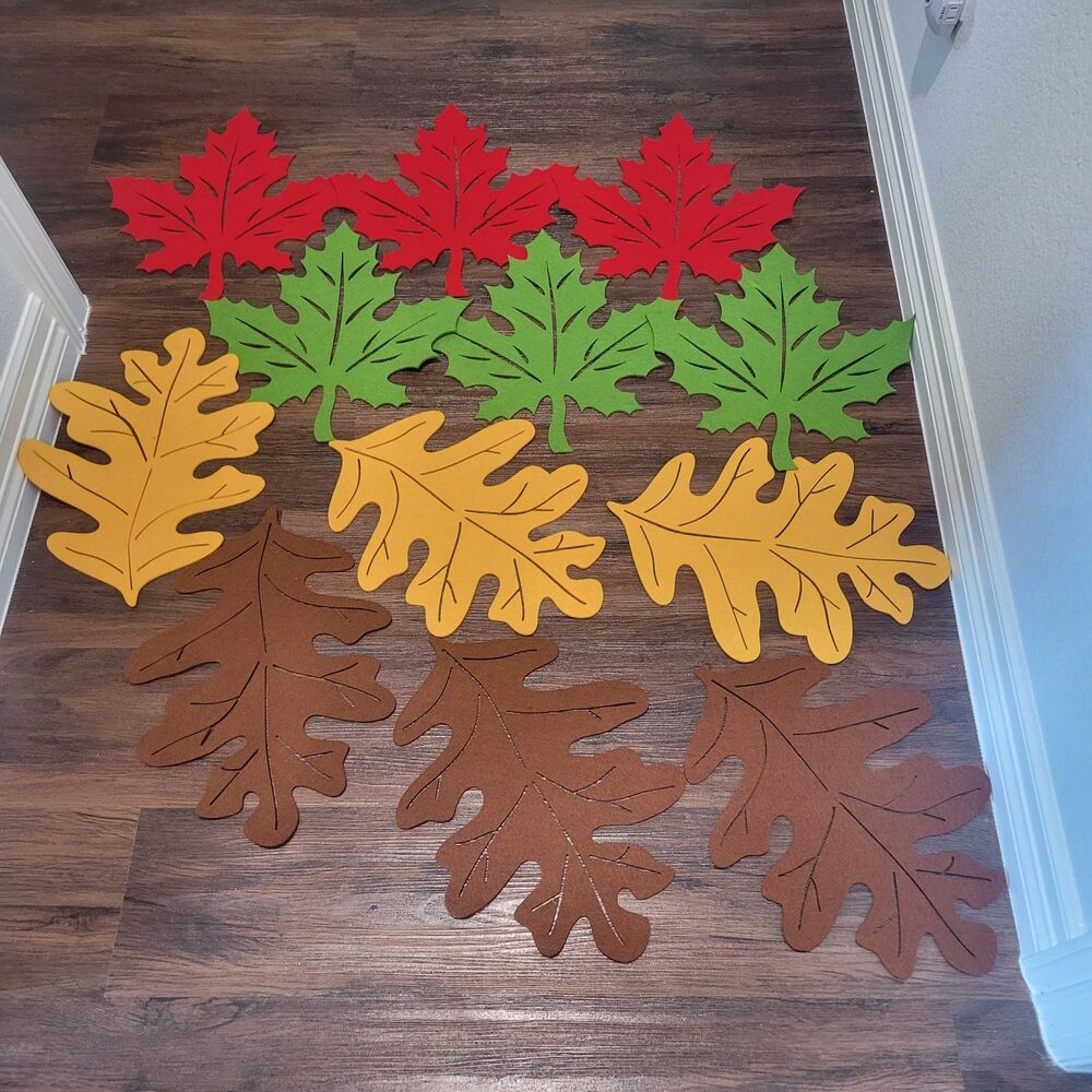 Set of 12 Fall Thanksgiving Red Green Brown Gold Placemats Felt Leaf Cut Outs